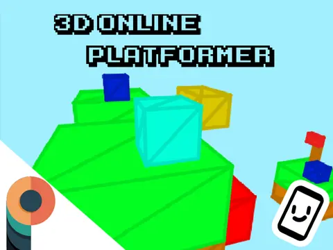 3D Online Platformer v1.2 logo featuring 3D cubes, mobile control icon and desert environment