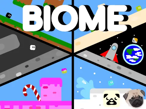 Biome platformer game logo featuring candy, earth, space and snow themes