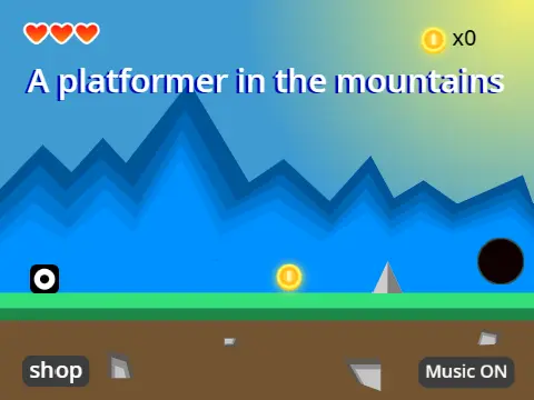 A Platformer in the Mountains logo - mountain theme with shop and bounce pads