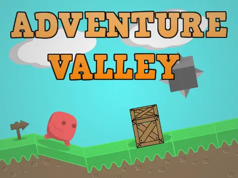 Adventure Valley aesthetic platformer logo with cartoon valley landscape