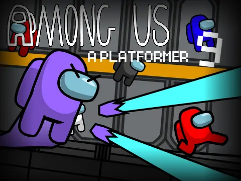 Among Us 9 cursed platformer logo with Among Us characters in a platformer setting