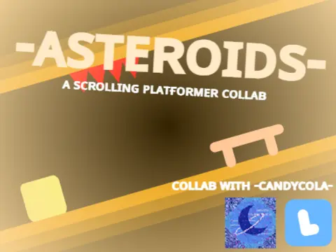 Asteroids scrolling platformer collab logo featuring space theme and green flag goal