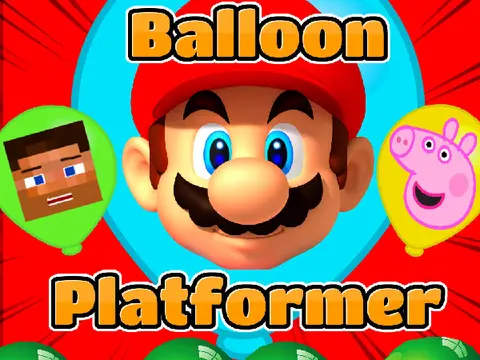 Balloon platformer logo cover featuring Spongebob, Peppa Pig, Mario, Minecraft Steve, and Fortnite Llama with balloons