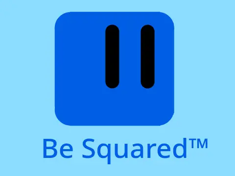 Be Squared scrolling platformer logo cover featuring square character and platformer level design