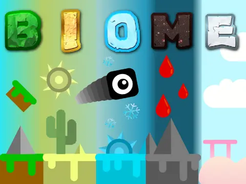 Biome platformer logo featuring grassland desert ice cave and cloud biomes