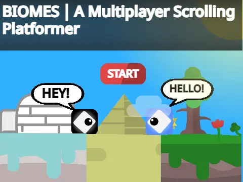 Biomes platformer title artwork featuring grasslands, desert, Iceland, cave and icebergs biomes