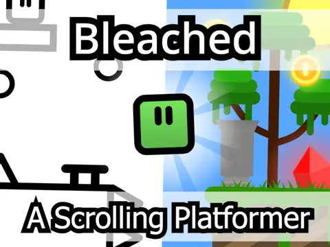 Bleached platformer logo with gem and coin artwork