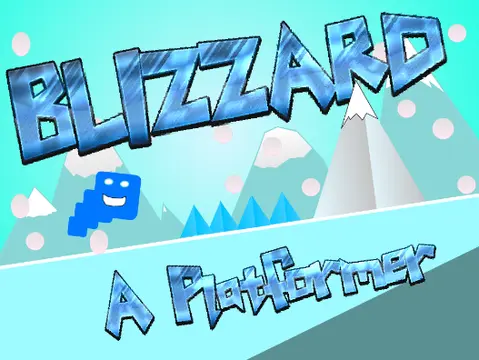 Blizzard platformer game logo - snowstorm survival with shelter search theme
