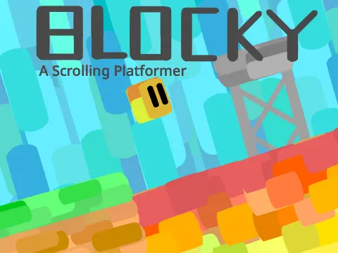 Blocky scrolling platformer logo cover featuring single shape minimalist design