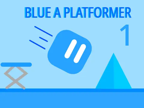 Blue platformer mobile friendly logo cover featuring spike avoidance and trampoline elements