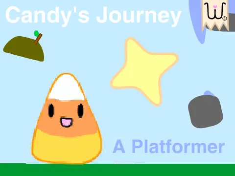 Candy the candycorn character in a forest platformer game logo