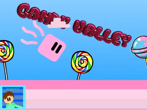 Candy Valley a Platformer Mobile candy land platformer logo with lollipops and gingerbread