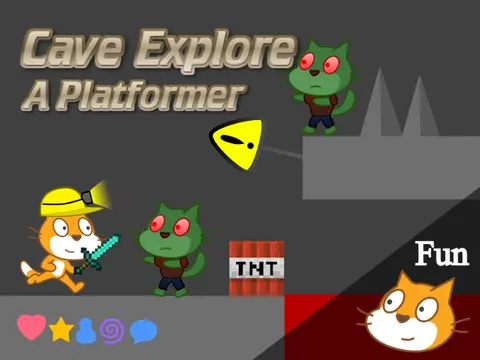 Cave Explore platformer game logo with cave and hazard themes