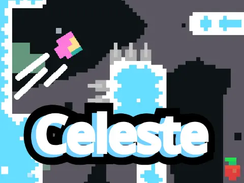 Celeste Pico-8 platformer logo cover featuring mountain climbing and dash mechanic