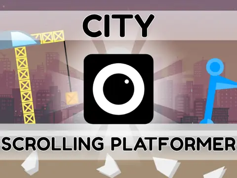 City Scrolling Platformer logo with urban cityscape background