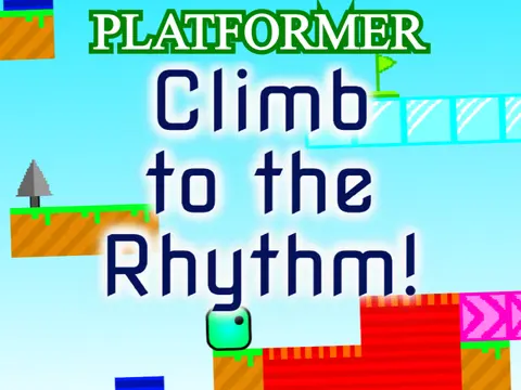 Climb to the rhythm logo cover featuring rhythm platformer hybrid with flag and musical beat synchronization