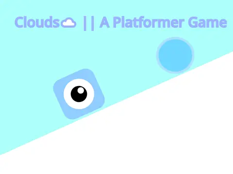 Clouds platformer game logo cover featuring blue cube and cloud castle