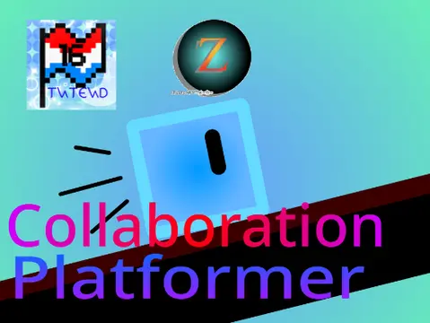 Collaboration platformer logo cover featuring three-creator Scratch collaboration