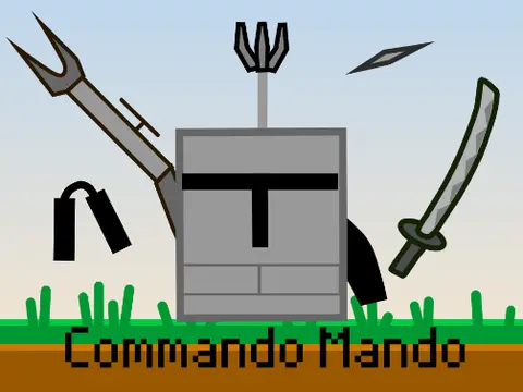 Commando mando platformer logo cover featuring combat and weapon switching