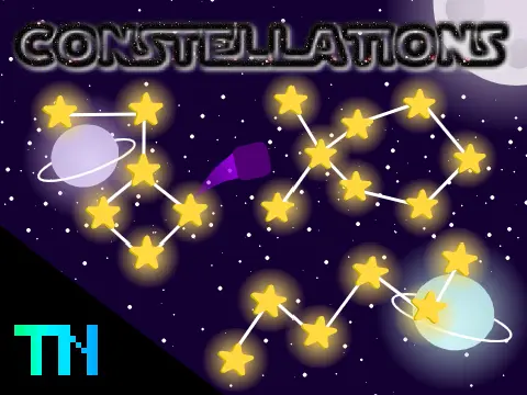 Constellations platformer game logo featuring ringed planet and starry background