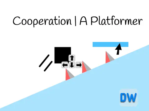 Cooperation platformer logo cover featuring two player asymmetric control scheme