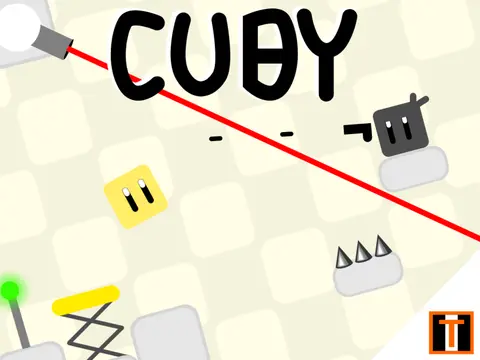 Cuby platformer logo with interactive elements and power-up icons