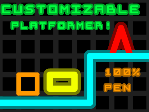 Customizable pen platformer logo showing developer cheats interface