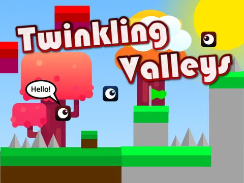 Demo Twinkling Valleys scrolling platformer logo featuring valley landscape and player character