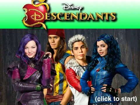 Descendants platformer game logo featuring Mal, Evie, Jay and Carlos from Disney Channel movies