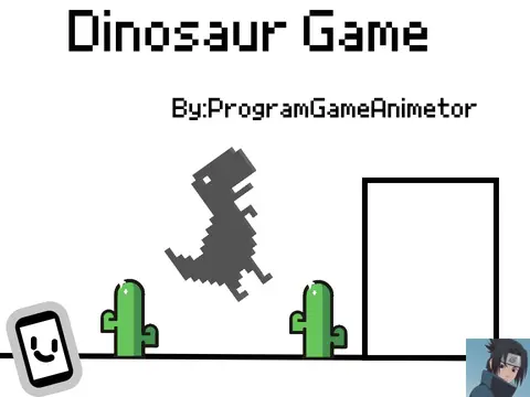 Dinosaur game platformer logo featuring dinosaur and cactus obstacle course