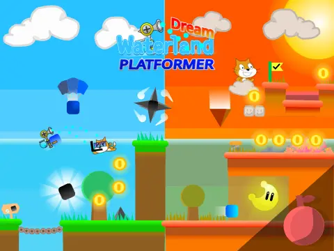 Dream Waterland platformer logo cover featuring water pump, moon, and shop interface