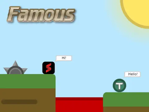 Famous multiplayer scrolling platformer logo featuring cloud multiplayer and shop elements