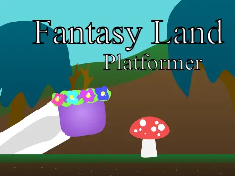 Fantasy Land Platformer logo with forest and mushroom art