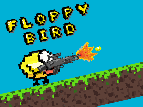 Floppy bird action platformer logo cover with weapons and candy adventure theme