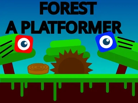 Forest 2 player platformer logo cover featuring red and blue characters in a forest with saws