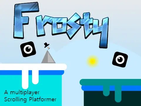 Frosty multiplayer scrolling platformer logo cover featuring winter theme and multiple players