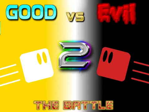 Good vs Evil 2 platformer logo featuring good vs evil theme with boss battle and shop interface