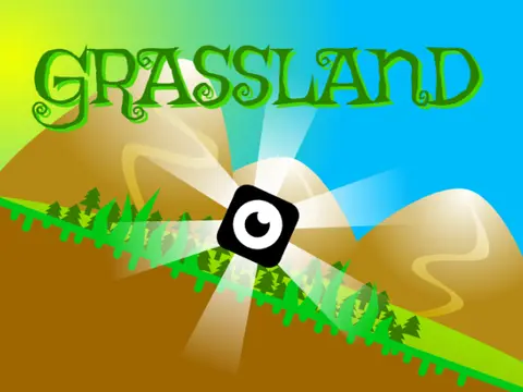 Grassland platformer logo cover featuring cube character in grassy landscape with portal