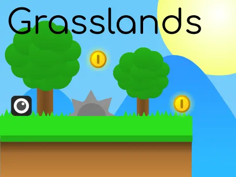 Grasslands scrolling platformer logo cover with mountain and player art