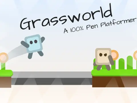 Grassworld 100 pen platformer logo cover featuring grass, flowers, and lava environment