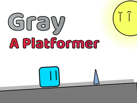 Gray platformer logo with custom hand-drawn character and monochrome gray aesthetic