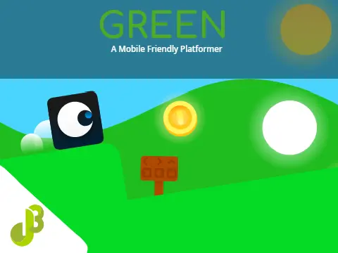Green platformer with mountain and clouds, mobile optimized UI, portal level exit