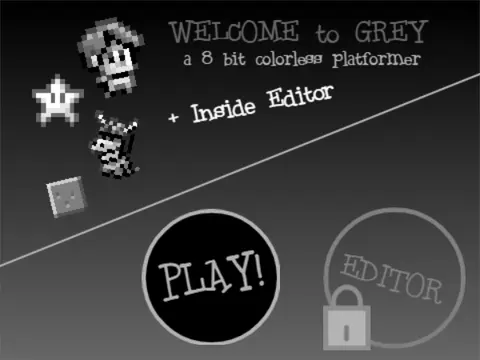 Grey 8-bit platformer editor logo - monochrome minimalist design