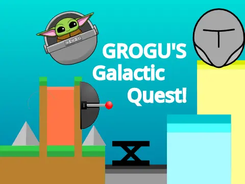Grogu galactic quest scrolling platformer logo featuring Grogu, Mandalorian and Death Star background