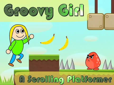 Groovy-Girl scrolling platformer logo cover featuring birthday theme and bananas