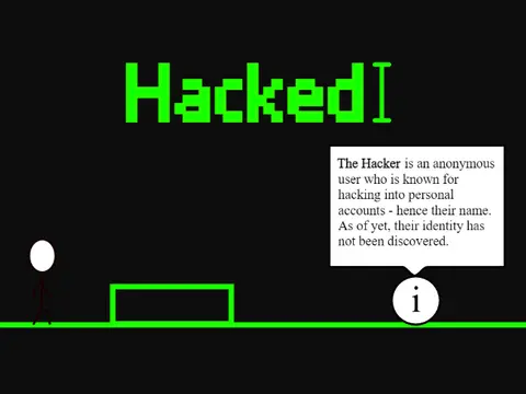 Hacked platformer game cover featuring stickman walk cycle, mobile friendly design, 20 challenging platform levels with hard-to-see platforms