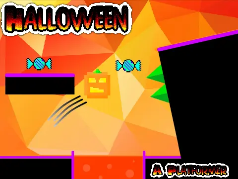 Halloween scrolling platformer game logo with jack-o-lantern and spooky pixel art