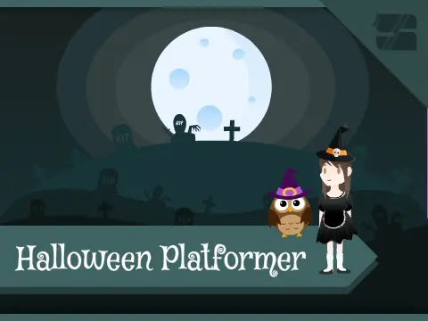 Halloween Platformer game logo with witch hat, castle background, and Halloween treats
