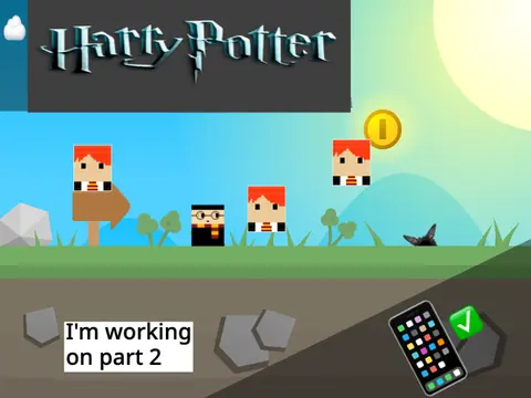 Harry Potter platformer logo with wizard theme and broken multiplayer reference