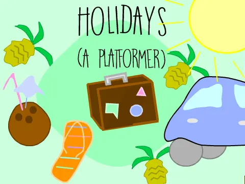 Holidays platformer logo cover featuring suitcase character in holiday setting